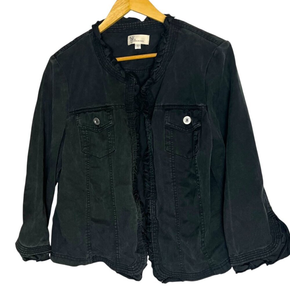 5/$25 She Wears The Pants Womens L Ruffled Edge Denim‎ Shirt Jacket Black Gray